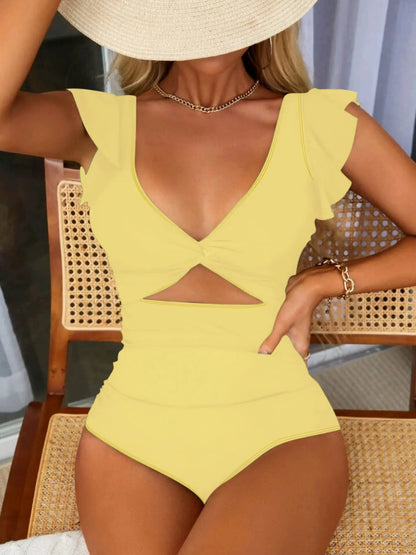 Women'S Plain Cut Out Twist Backless One-Piece Swimsuit, Casual Ruffle Cap Sleeve Deep V Neck Swimwear for Summer, Fashion Women'S Swimsuit for Beach Holiday Vacation, Cutout Swim Suit